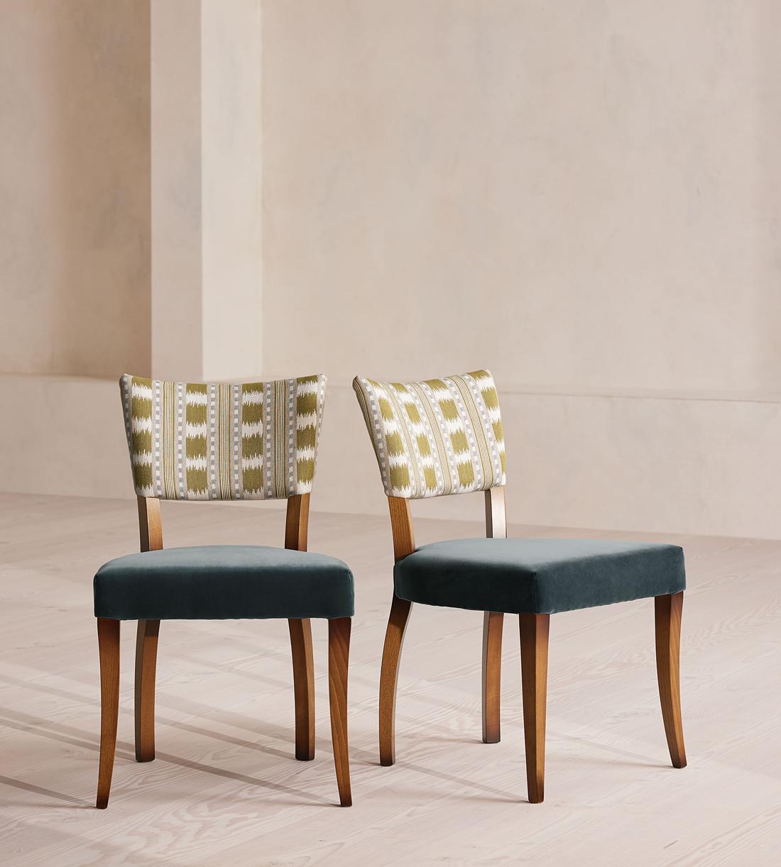 Pair of Molina Armless Dining Chairs, Ikat Stripe and Velvet, Grey Blue