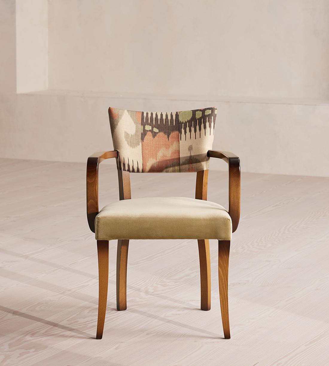 Molina Dining Armchair, Ikat Linen and Velvet, Lichen US