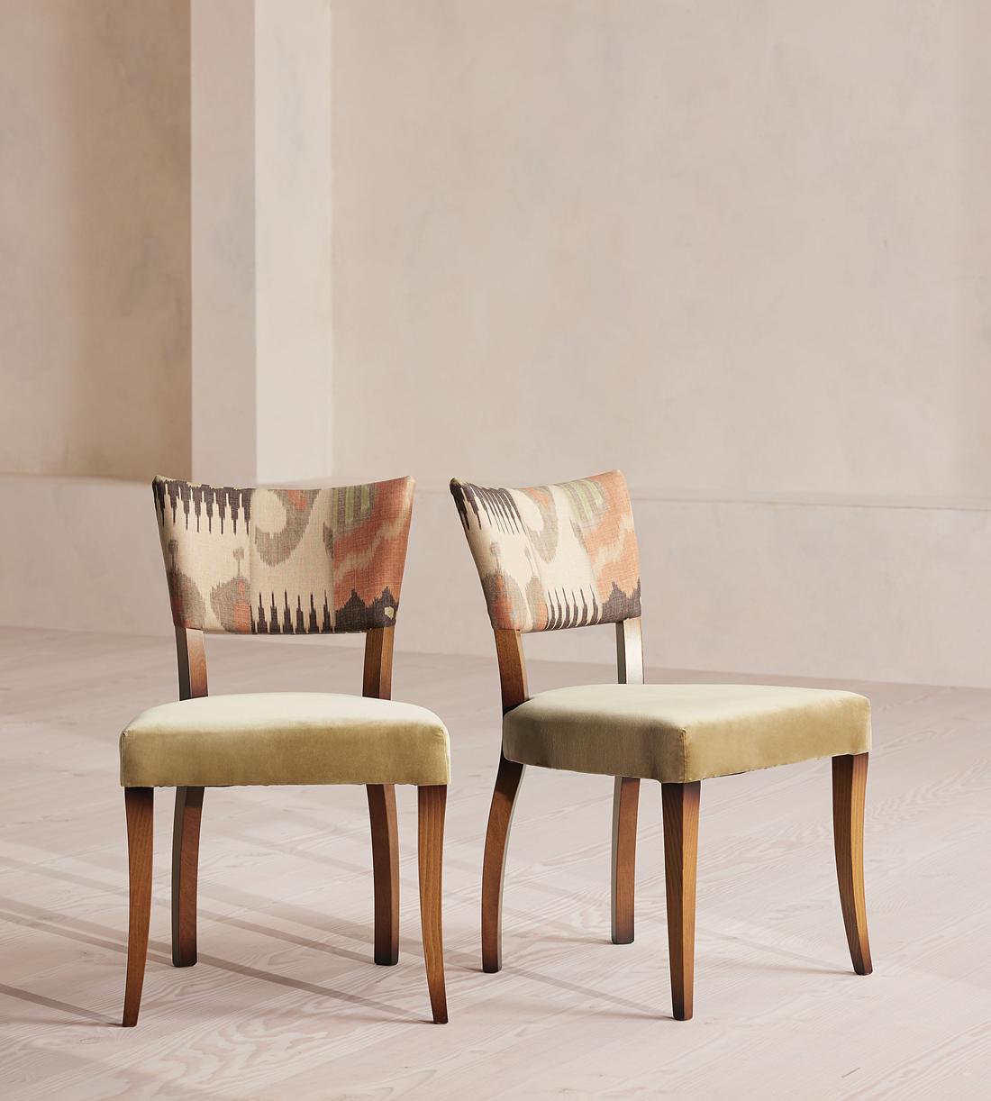 Pair of Molina Dining Chairs, Ikat Linen and Velvet, Lichen