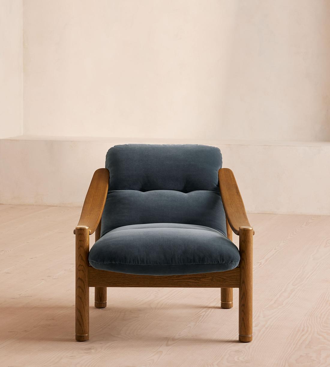 Karine Armchair, Midtone Oak, Grey Blue Velvet