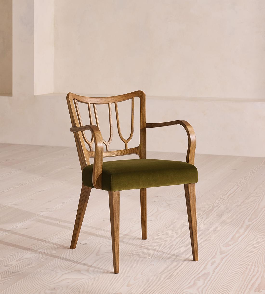 Leonie Armed Dining Chair, Velvet, Olive, US