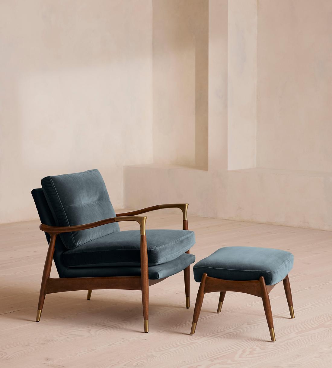 Theodore Armchair, Velvet, Grey Blue