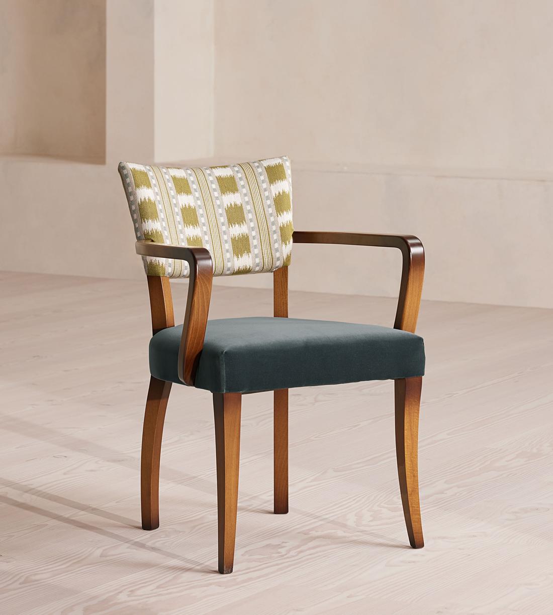 Molina Dining Armchair, Ikat Stripe and Velvet, Grey Blue US