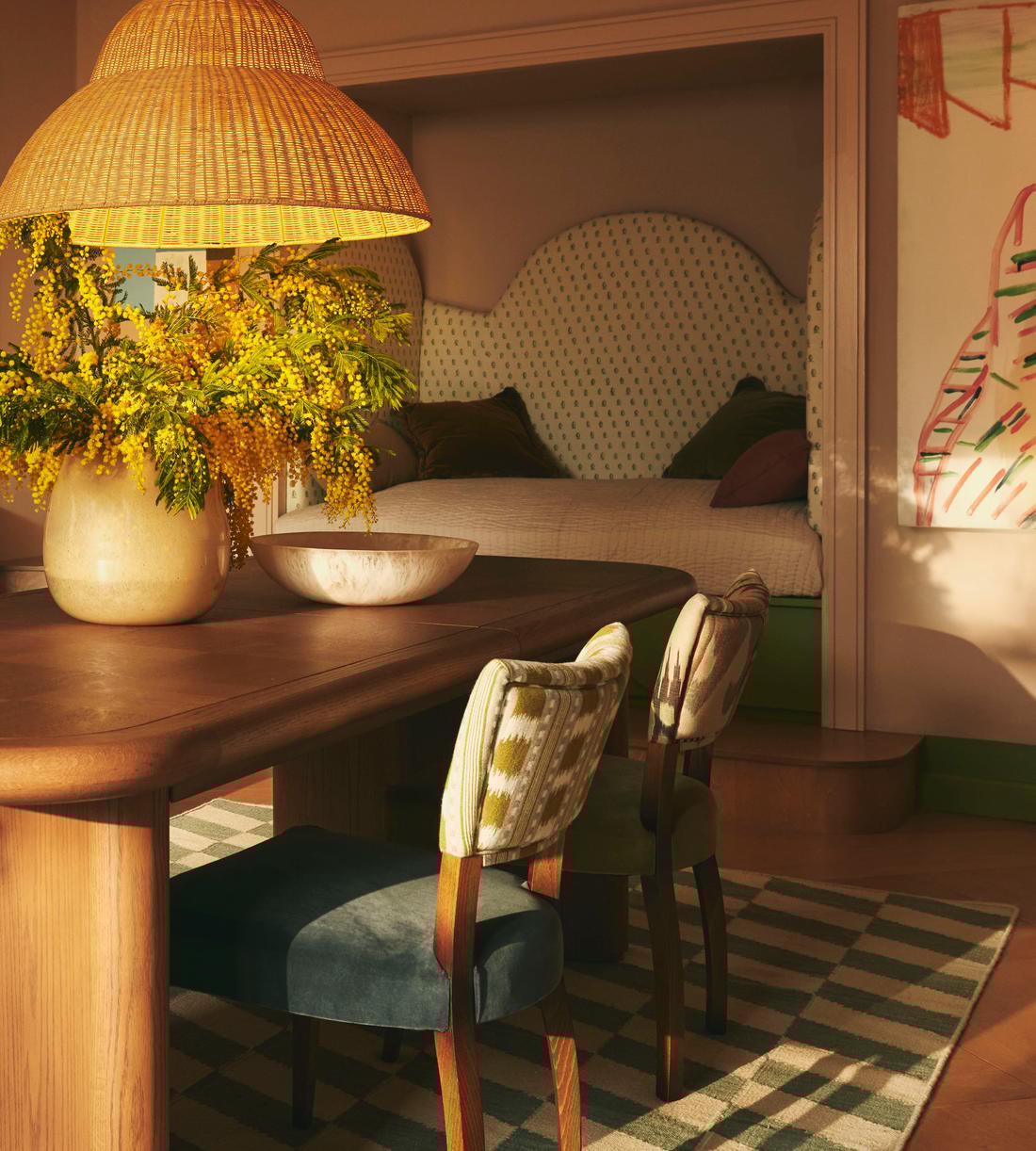 Pair of Molina Armless Dining Chairs, Ikat Stripe and Velvet, Grey