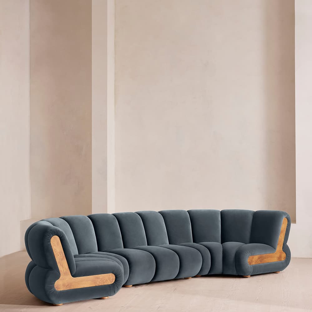 Noelle Sectional Curved Sofa - Six Seater - Velvet Grey Blue - US - Listing - Image 3