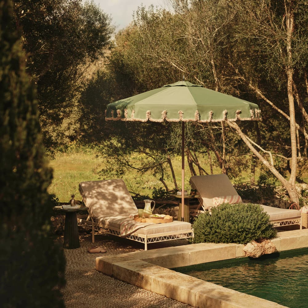 Tuuci Outdoor Parasol - Octagon 2.25m Fringed Sage - Roman Valance - Lifestyle - Image 3