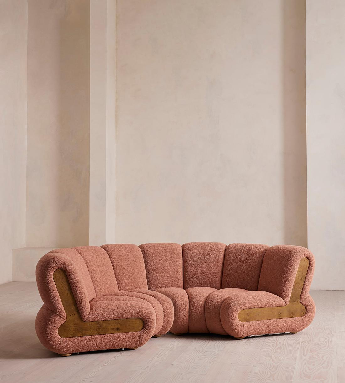 Noelle Sectional Curved Sofa - Four Seater - Textured Wool Boucle - Coral - US - Listing - Image 2