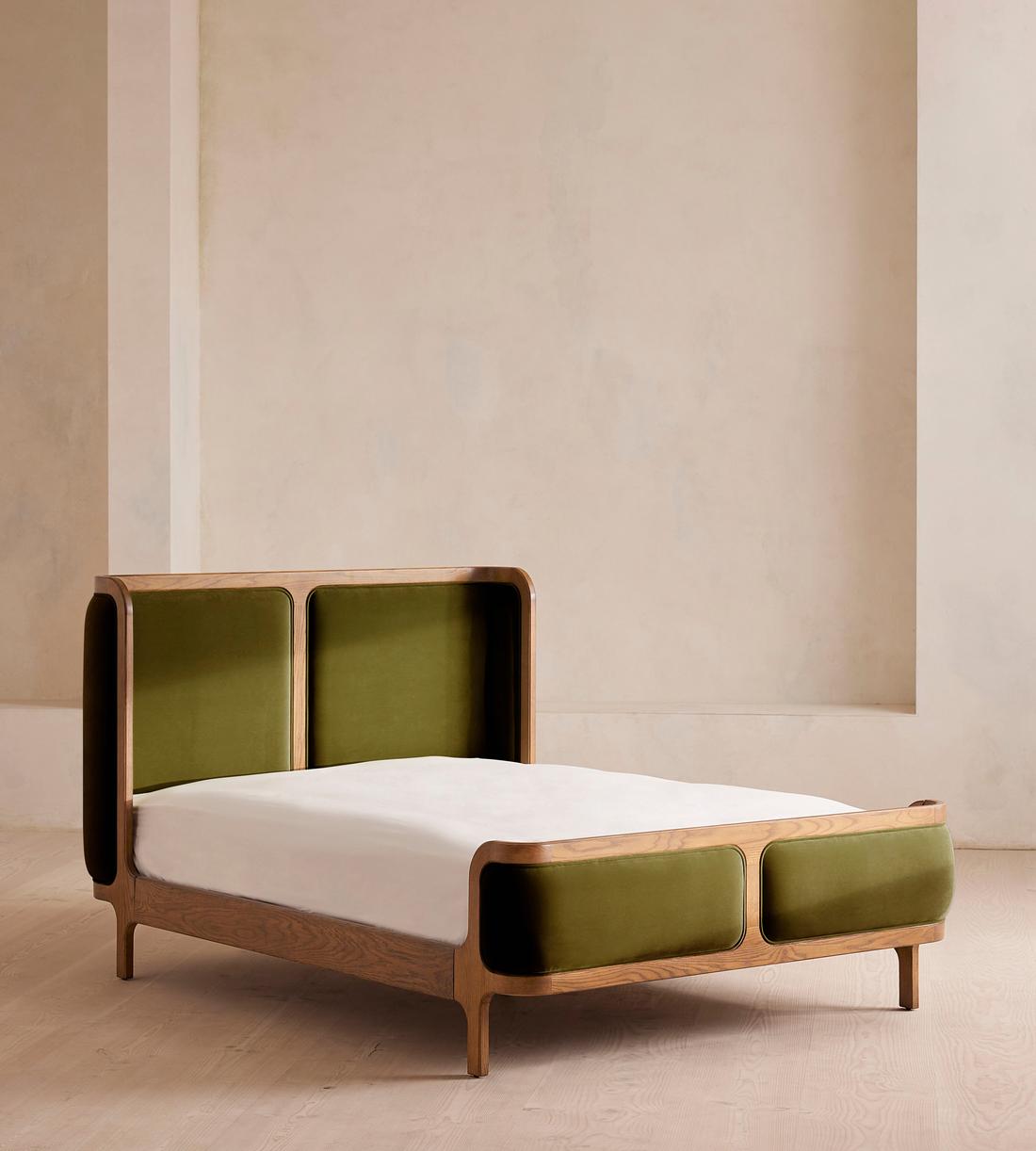 Belsa Bed - Light Oak - Queen - Velvet - Olive - US - Listing - Image 1