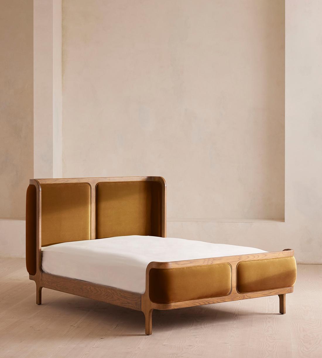 Belsa Bed - Light Oak - King - Velvet - Mustard - US - Listing - Image 1