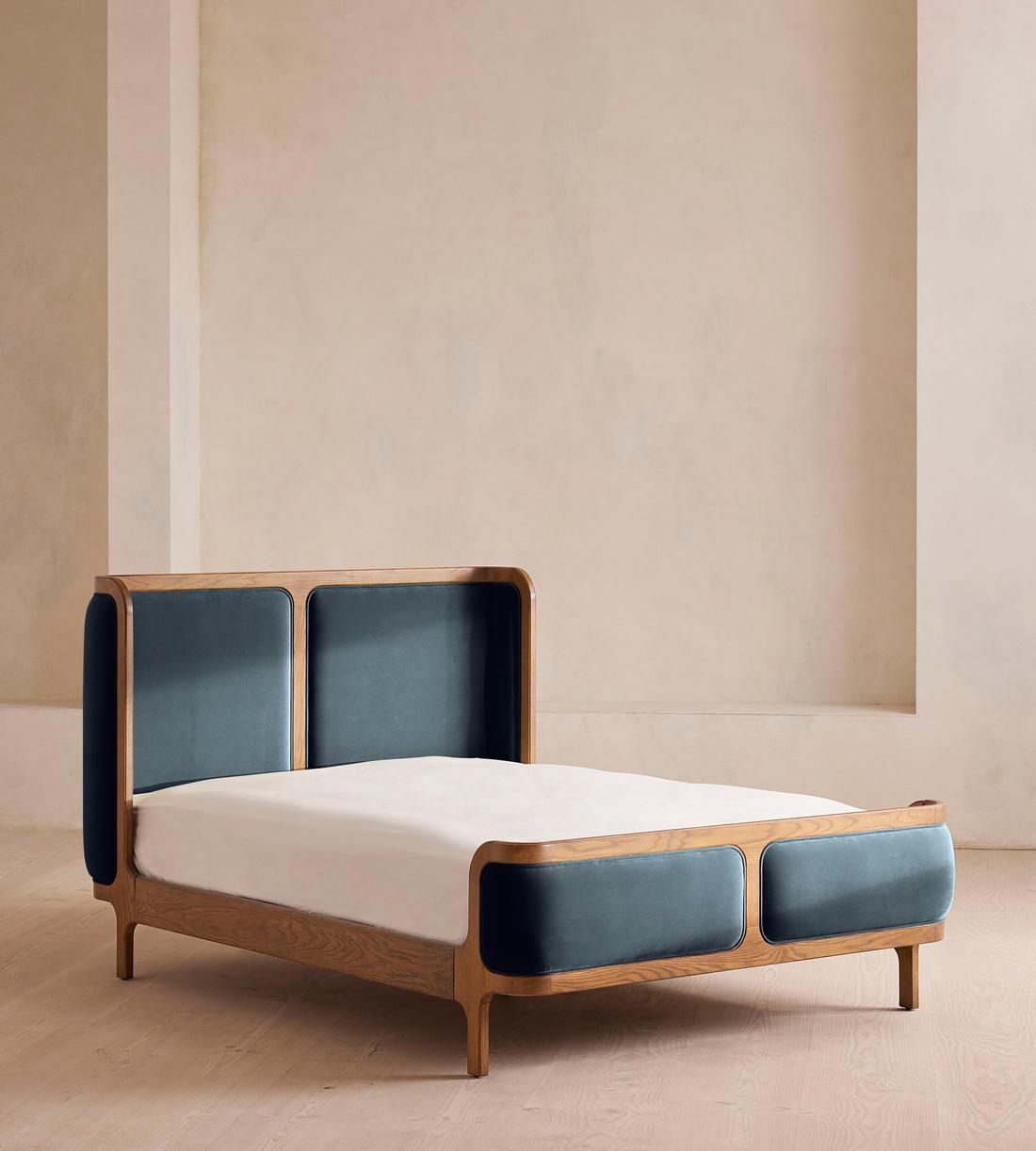 Belsa Bed - Light Oak - King - Velvet - Grey Blue - Listing - Image 1
