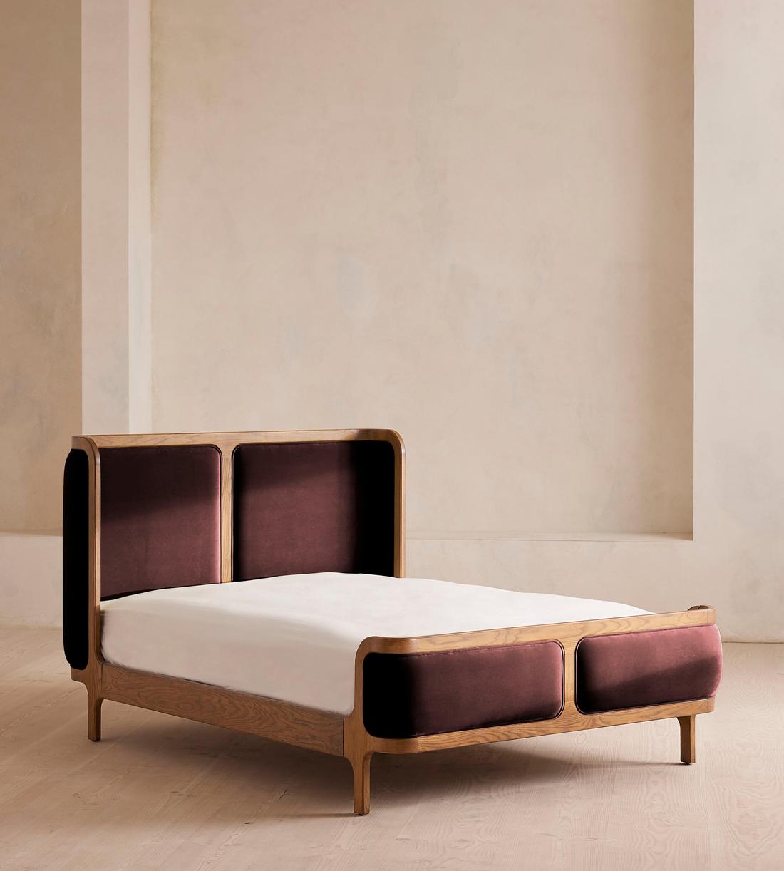 Belsa Bed - Light Wood - King - Velvet - Aubergine - US - Listing - Image 1