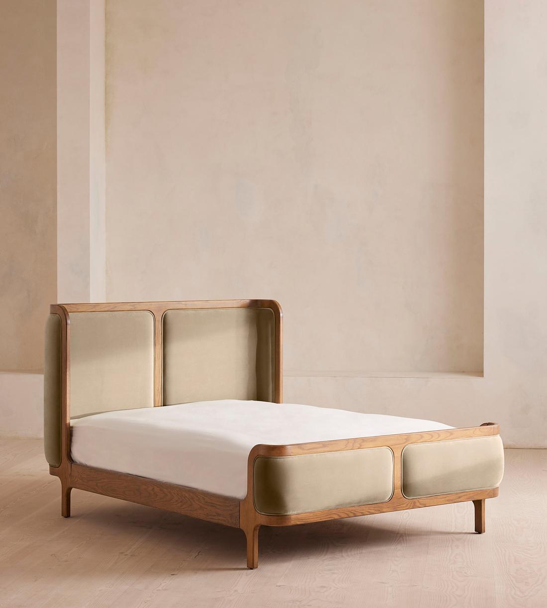 Belsa Bed - Light Wood - Queen - Velvet - Oyster - US - Listing - Image 1