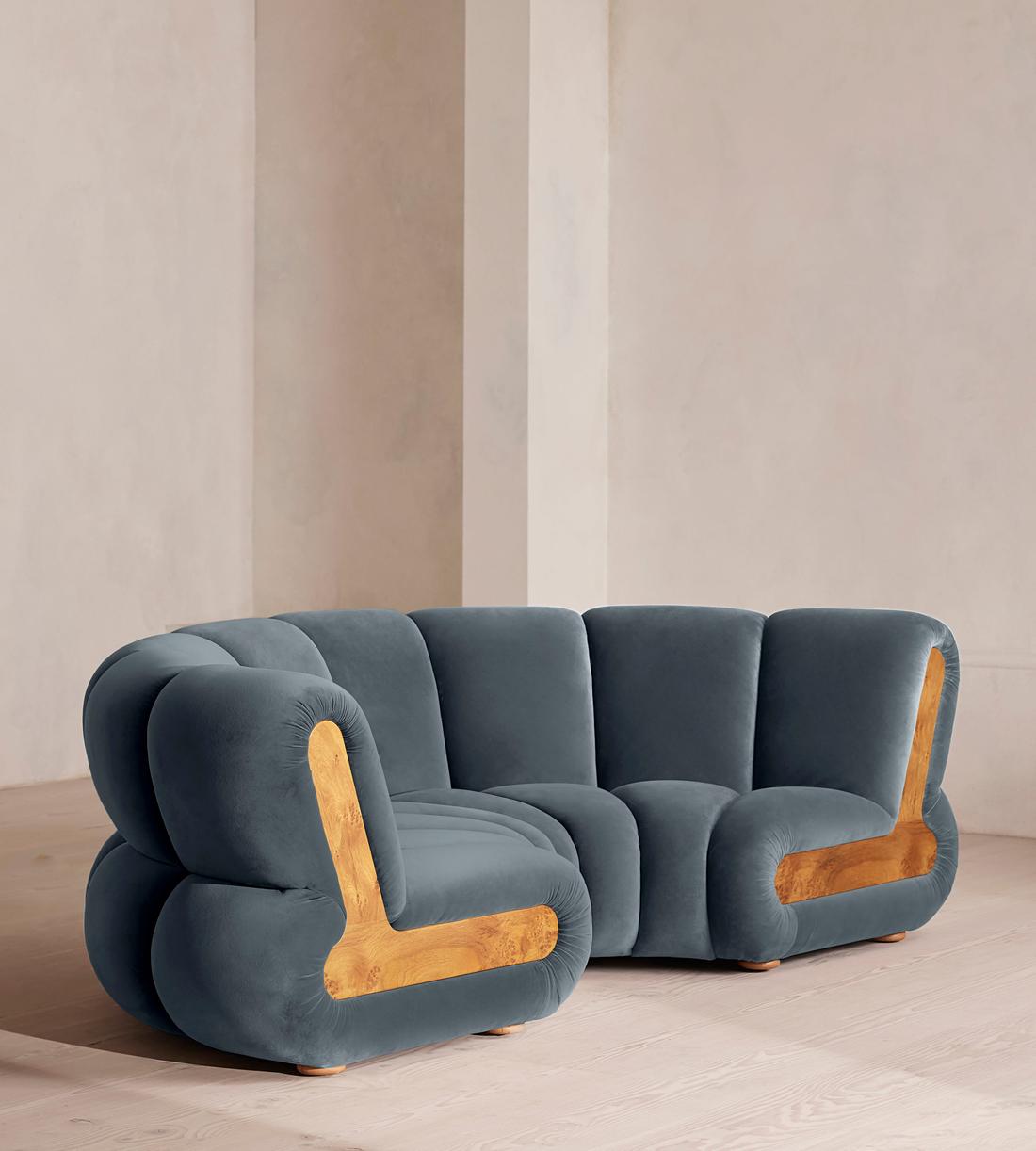 Noelle Sectional Curved Sofa - Four Seater - Velvet - Grey Blue - US - Listing - Image 2