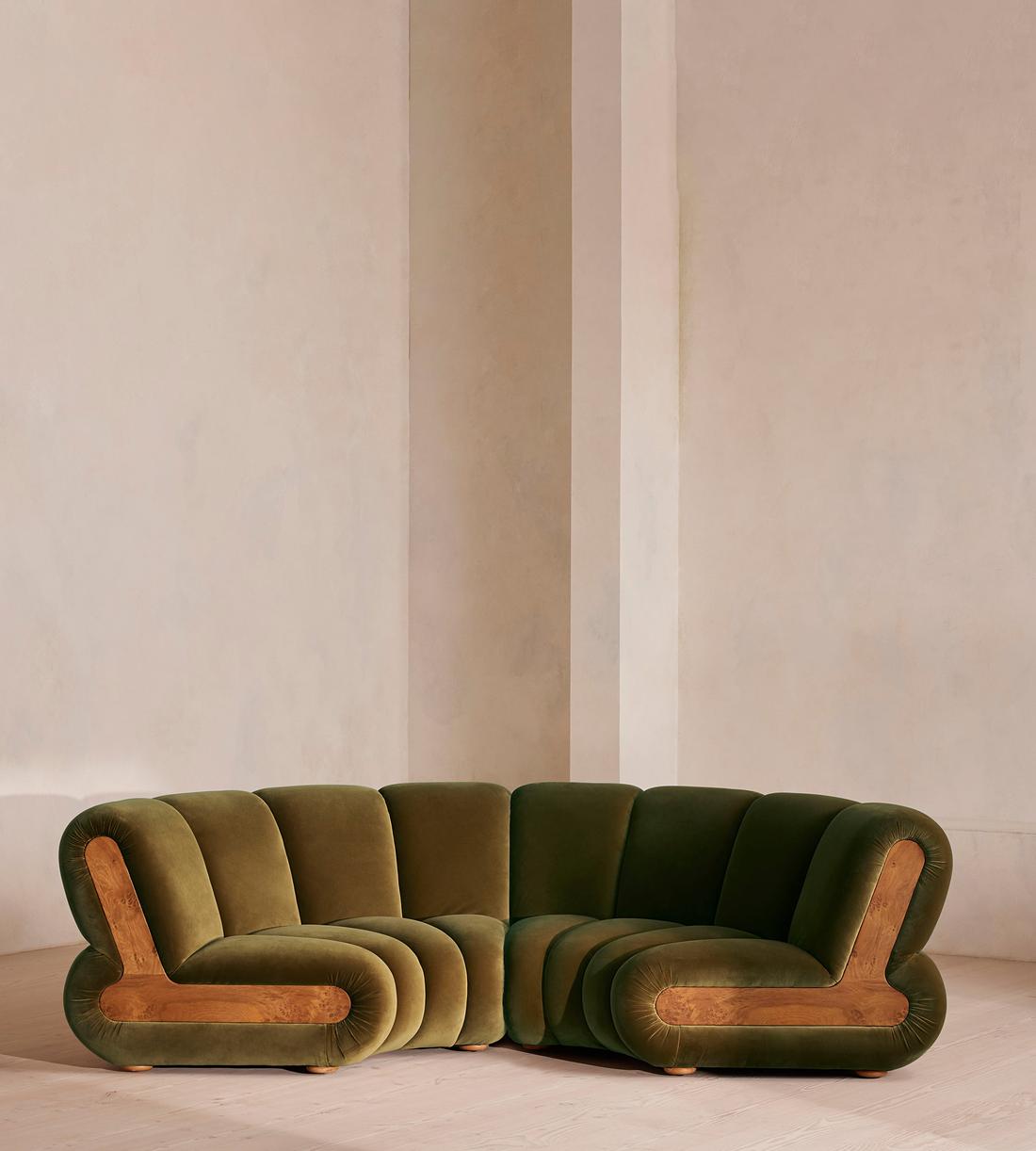 Noelle Modular Curved Sofa - Four Seater - Velvet - Olive - Listing - Image 1