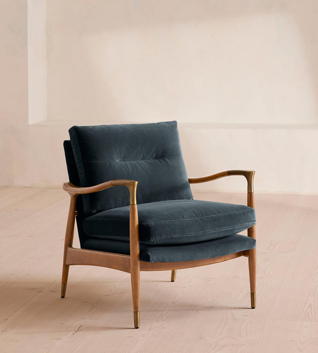 Theodore Oak Armchair - Velvet - Grey Blue - US - Listing - Image 1