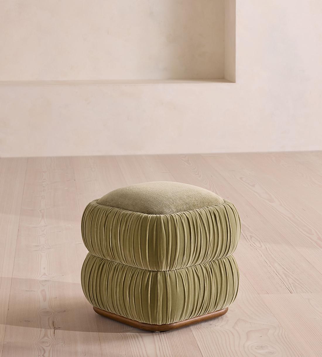 Tabitha Footstool - Velvet & Linen Chenille - Lichen - US - Listing - Image 1