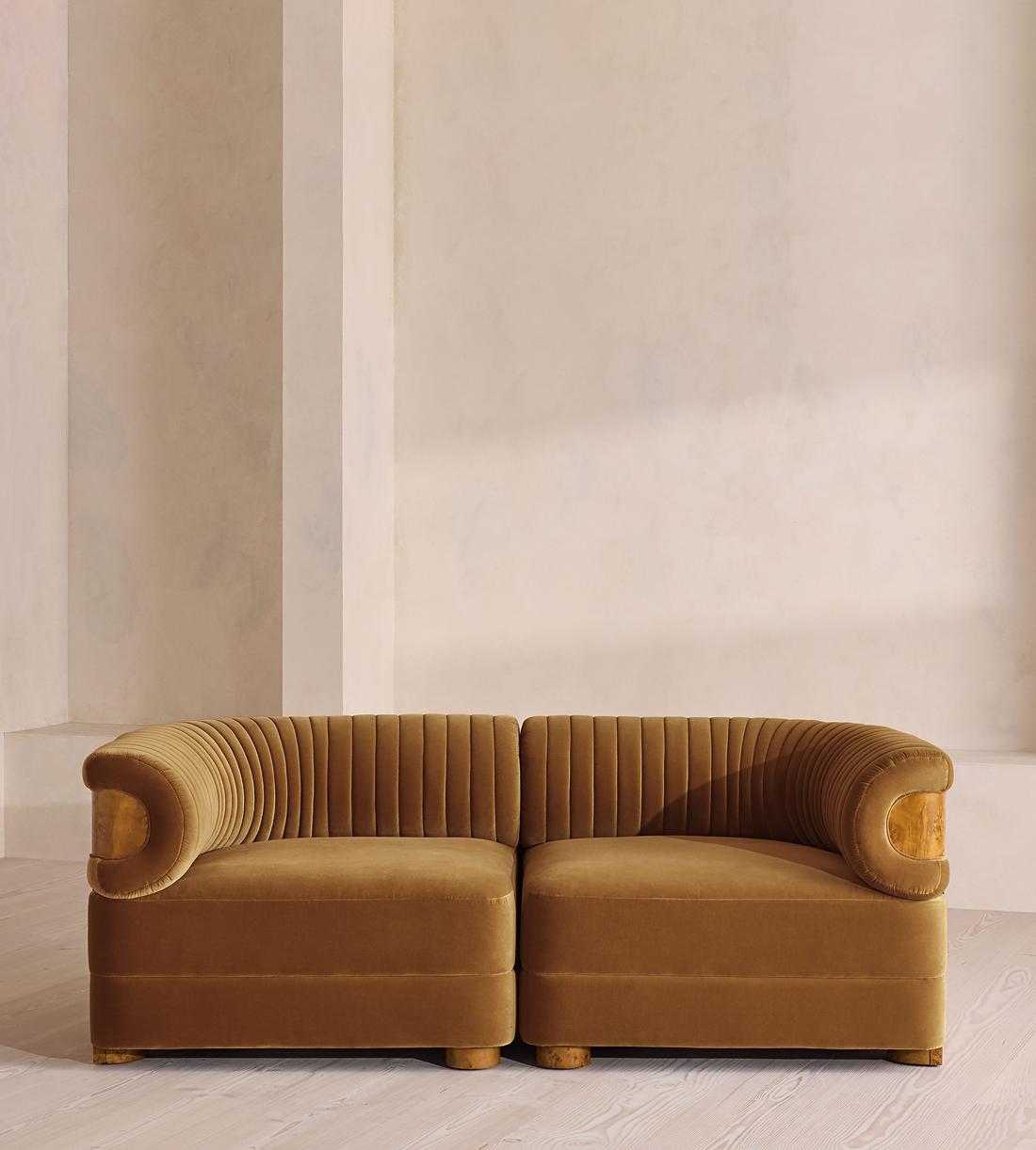 Caleb Sectional Three Seater Sofa - Velvet - Mustard - Dark Burl - US - Listing - Image 1