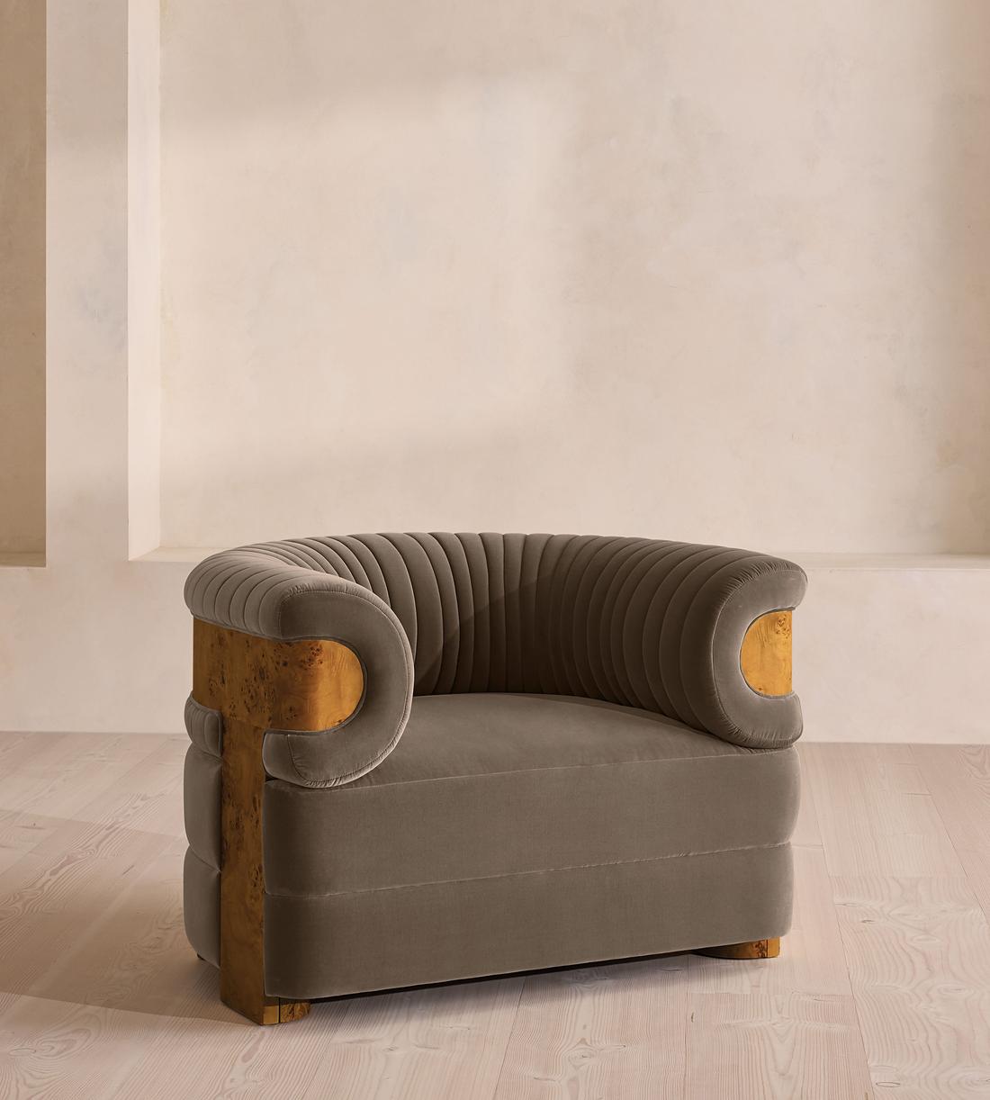 Caleb Armchair - Dark Burl - Velvet - Taupe - UK - Listing - Image 1