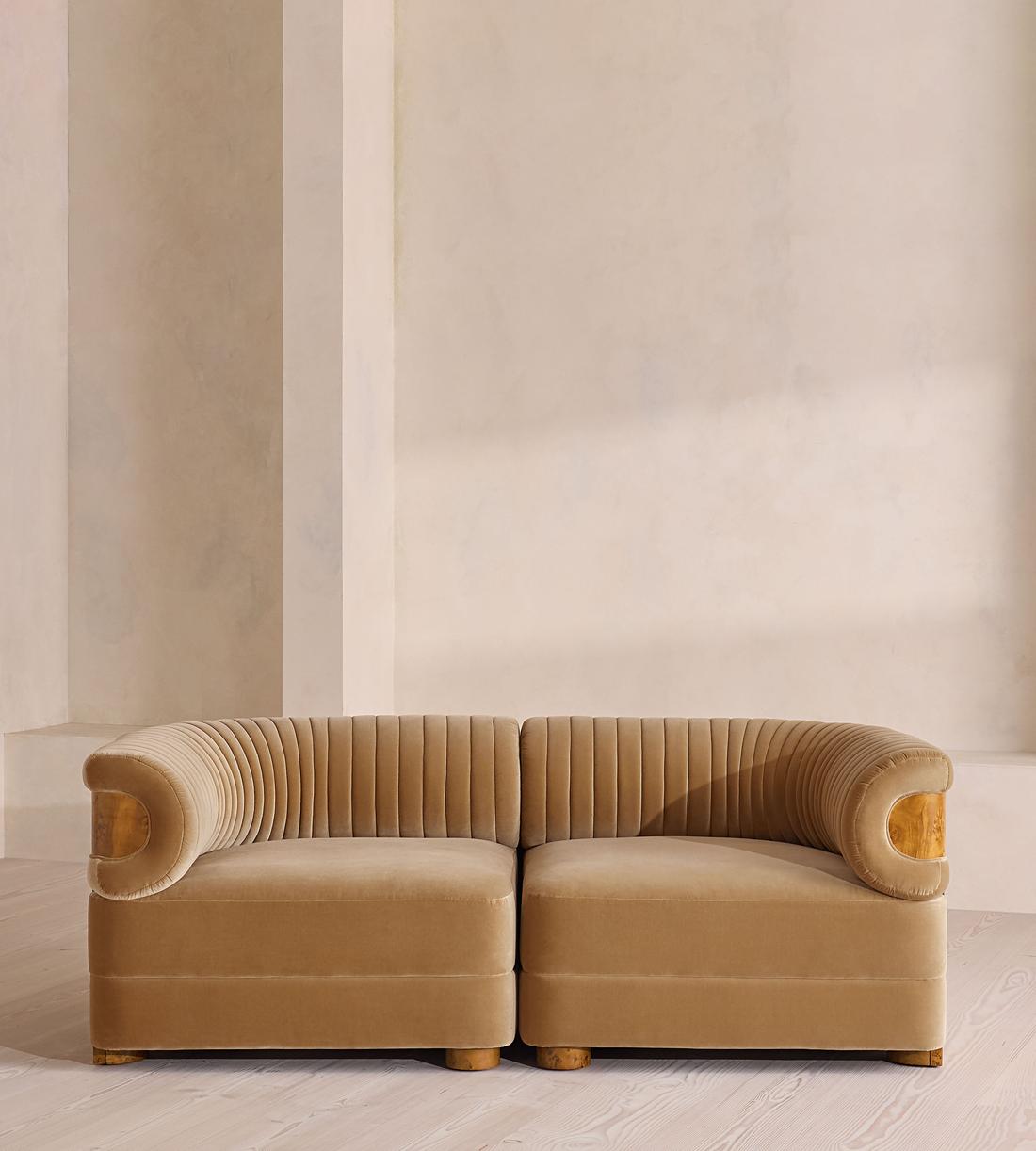 Caleb Modular Three Seater Sofa - Velvet - Camel - Dark Burl - UK - Listing - Image 1