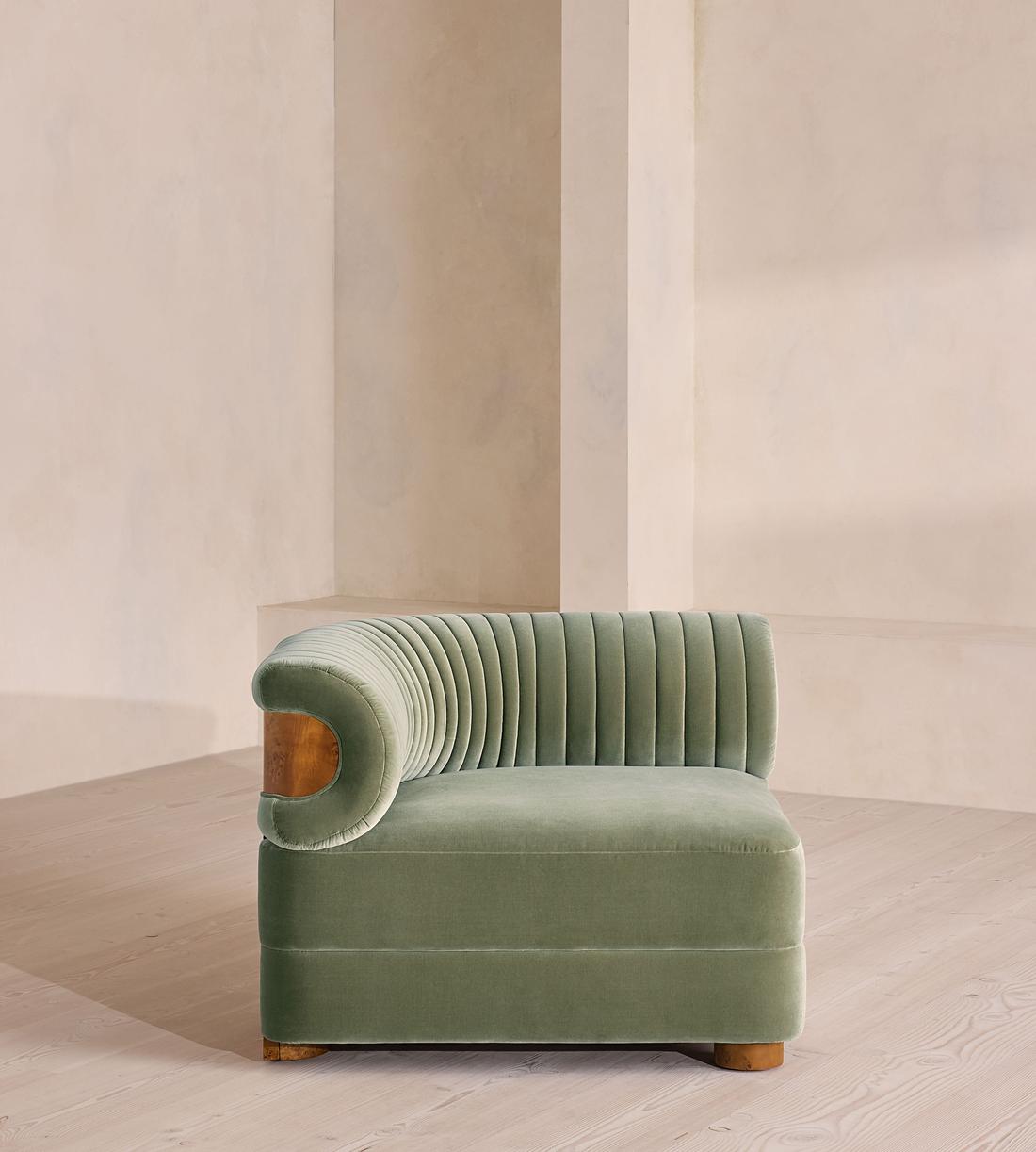 Caleb Modular Sofa - Left Arm Module - Velvet - Seafoam - Dark Burl - UK - Image 1