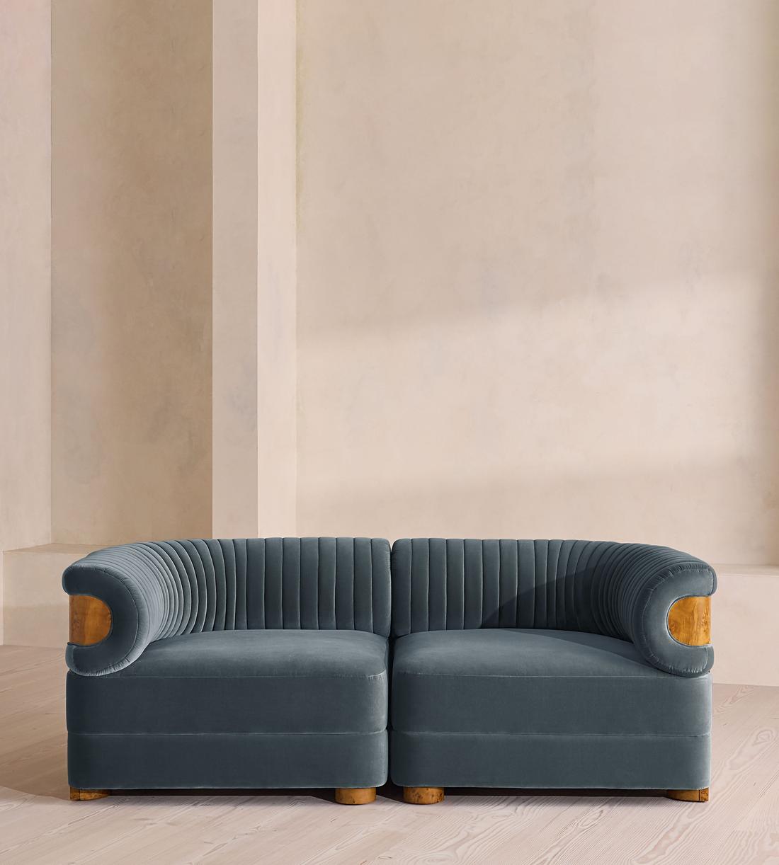 Caleb Modular Three Seater Sofa - Velvet - Grey Blue - Dark Burl - UK - Listing - Image 1