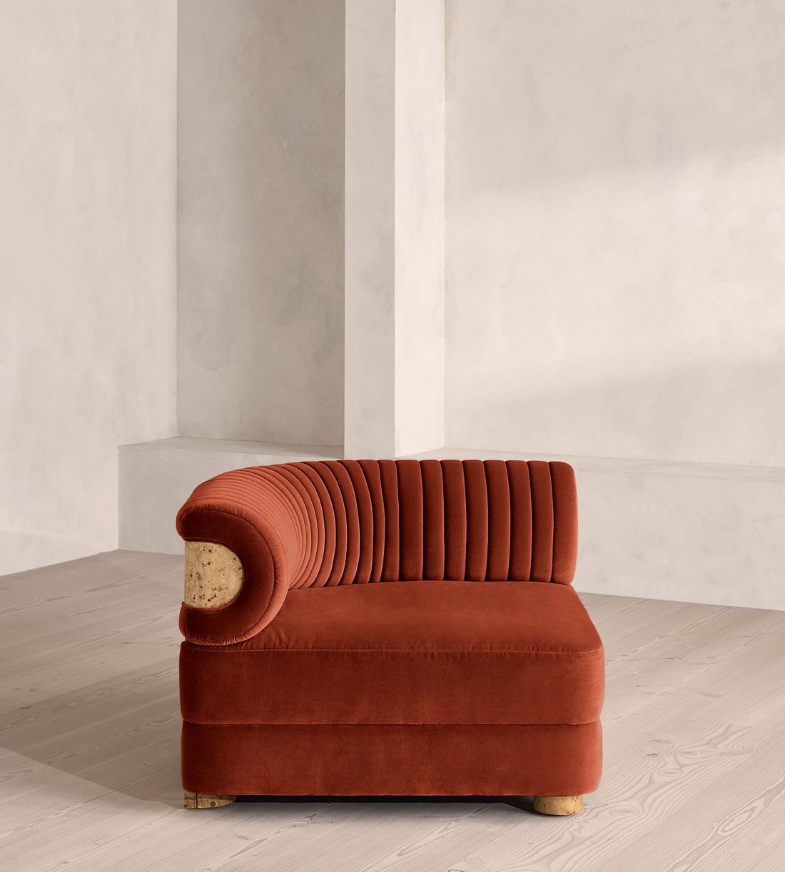 Caleb Modular Sofa - Left Arm Module - Velvet - Rust - Blonde Burl - UK - Image 1