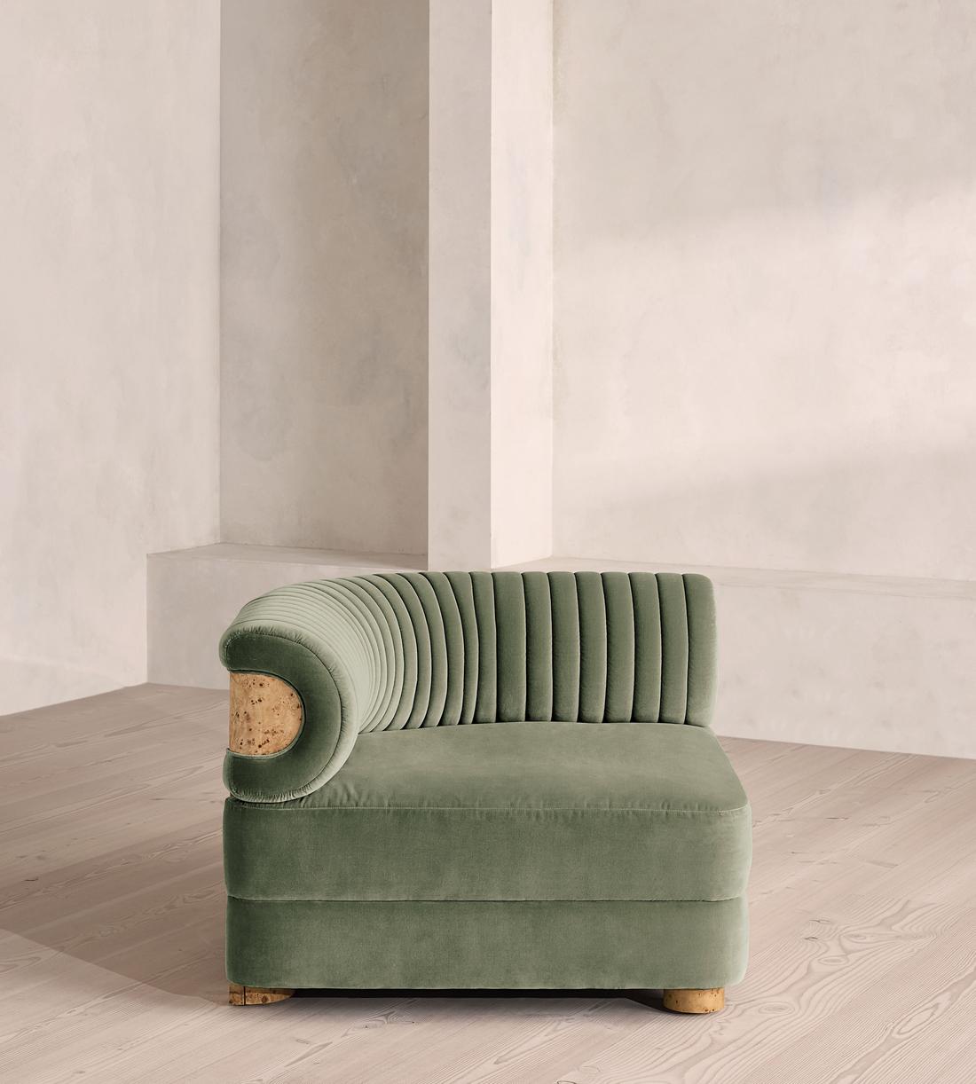 Caleb Modular Sofa - Left Arm Module - Velvet - Seafoam - Blonde Burl - UK - Image 1