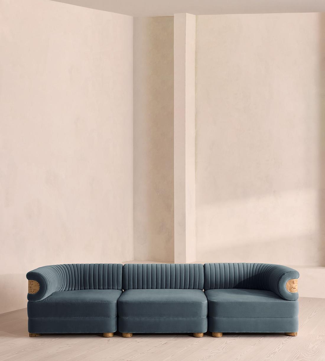 Caleb Modular Four Seater Sofa - Velvet - Grey Blue - Blonde Burl - UK - Listing - Image 1