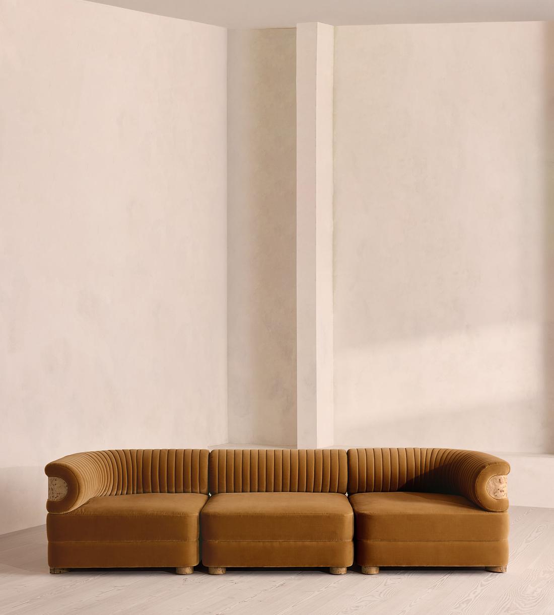 Caleb Modular Four Seater Sofa - Velvet - Mustard - Blonde Burl - UK - Listing - Image 1