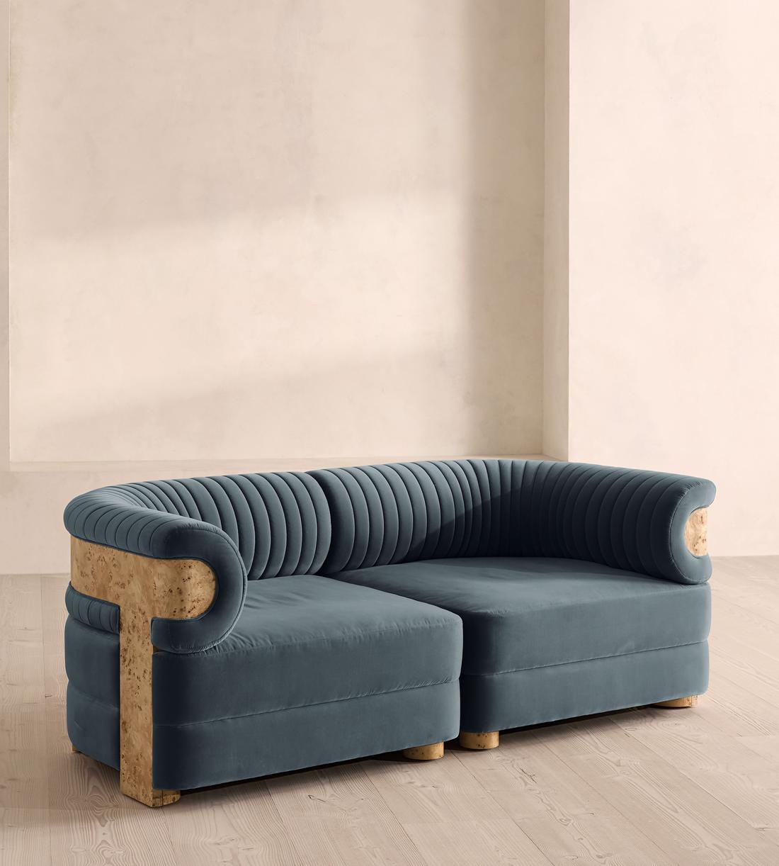 Caleb Modular Three Seater Sofa - Velvet - Grey Blue - Blonde Burl - UK - Listing - Image 2