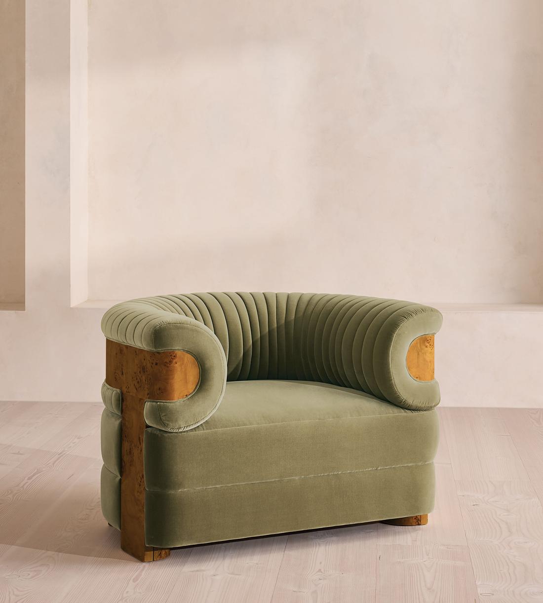 Caleb Armchair - Dark Burl - Velvet - Lichen - UK - Listing - Image 1