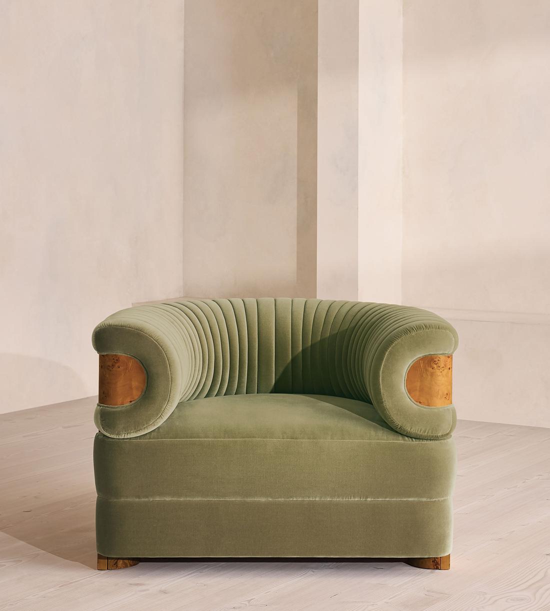 Caleb Armchair - Dark Burl - Velvet - Lichen - UK - Lifestyle - Image 2