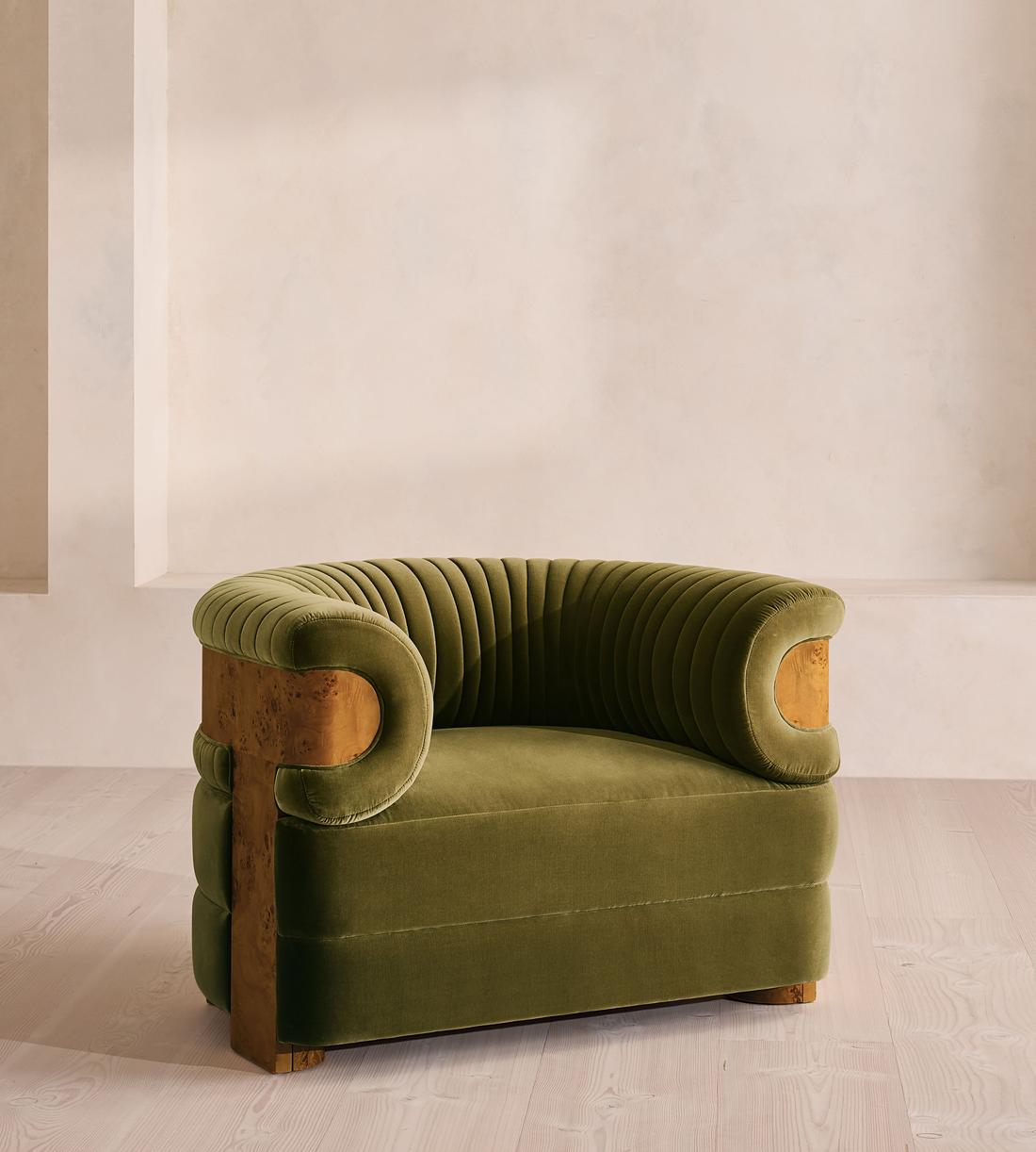 Caleb Armchair - Dark Burl - Velvet - Olive - UK - Listing - Image 1