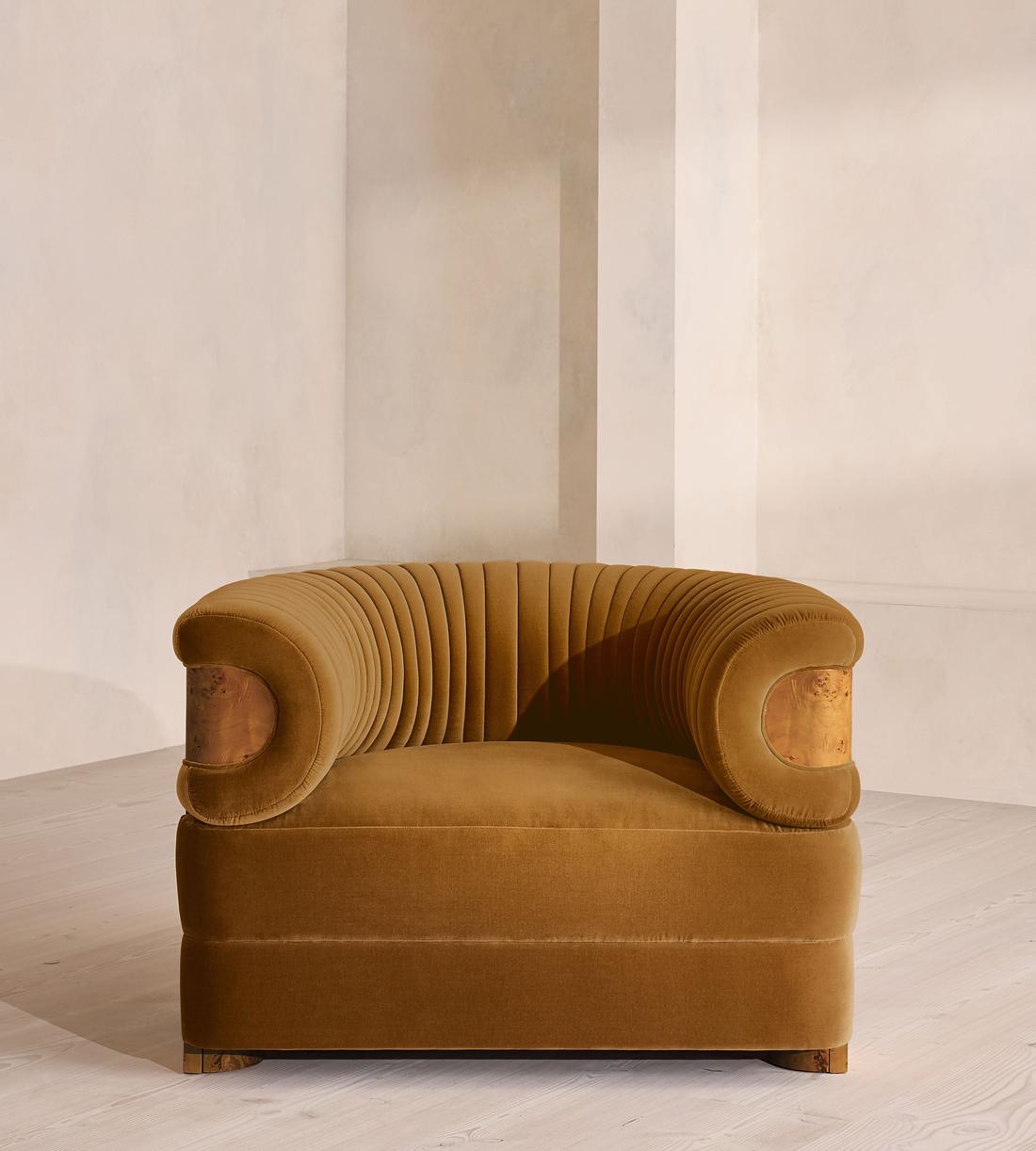 Caleb Armchair - Dark Burl - Velvet - Mustard - UK - Listing - Image 2