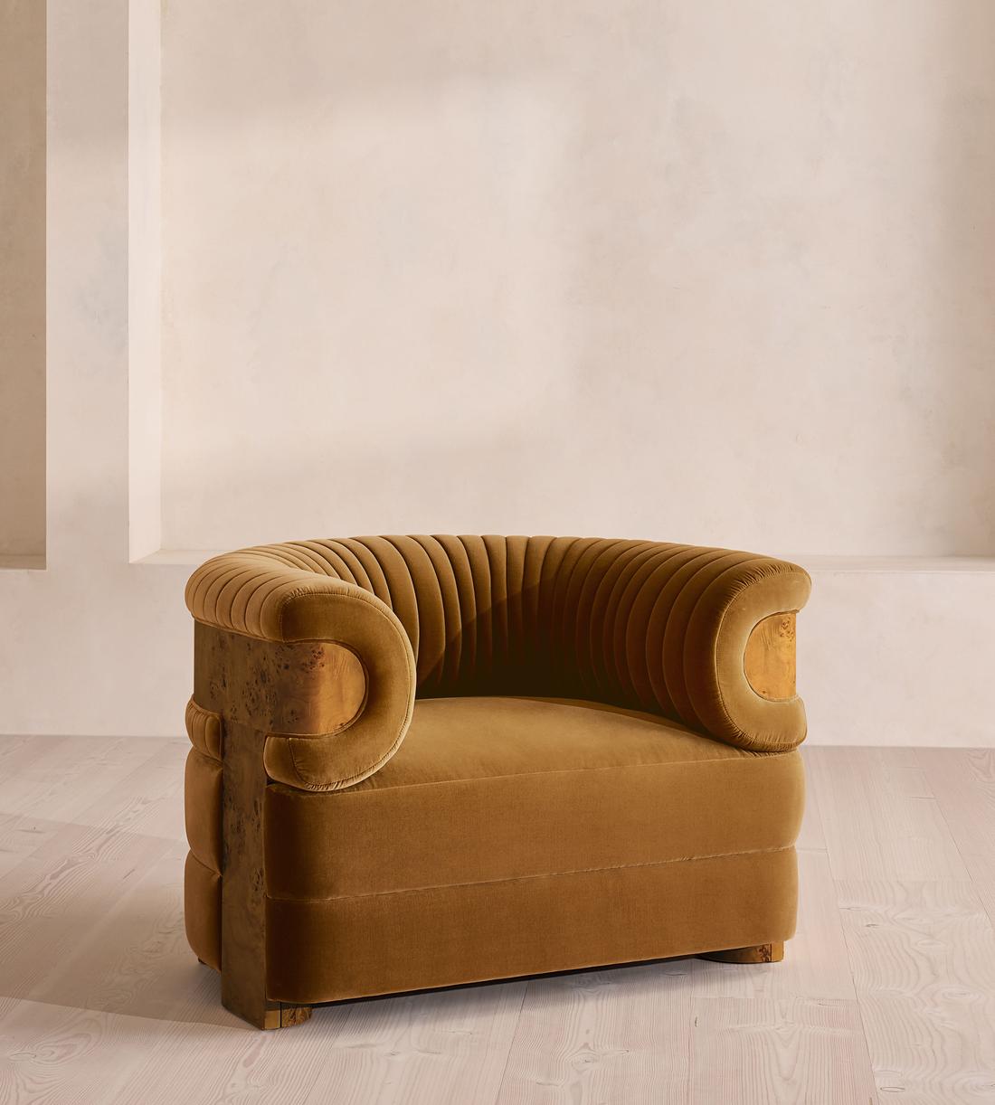 Caleb Armchair - Dark Burl - Velvet - Mustard - US - Listing - Image 1