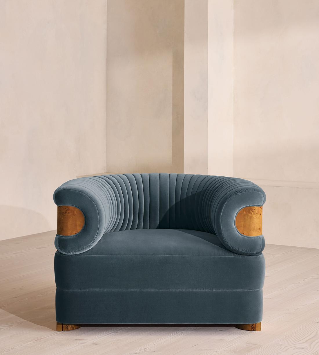 Caleb Armchair - Dark Burl - Velvet - Grey Blue - UK - Listing - Image 2