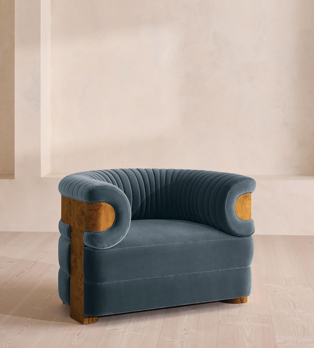 Caleb Armchair - Dark Burl - Velvet - Grey Blue - US - Listing - Image 1