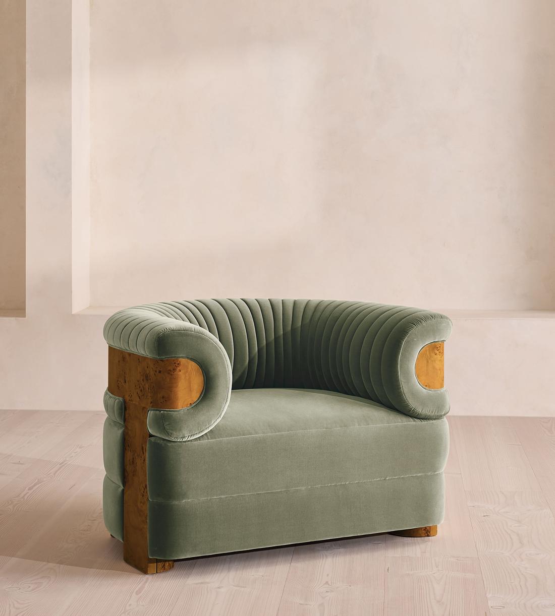 Caleb Armchair - Dark Burl - Velvet - Seafoam - US - Listing - Image 1