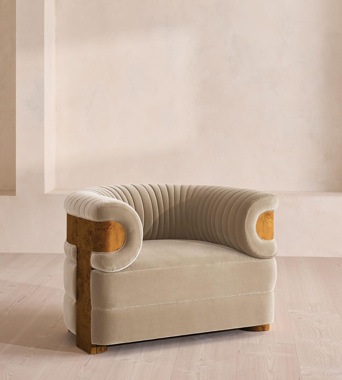 Caleb Armchair - Dark Burl - Velvet - Oyster - UK - Listing - Image 1