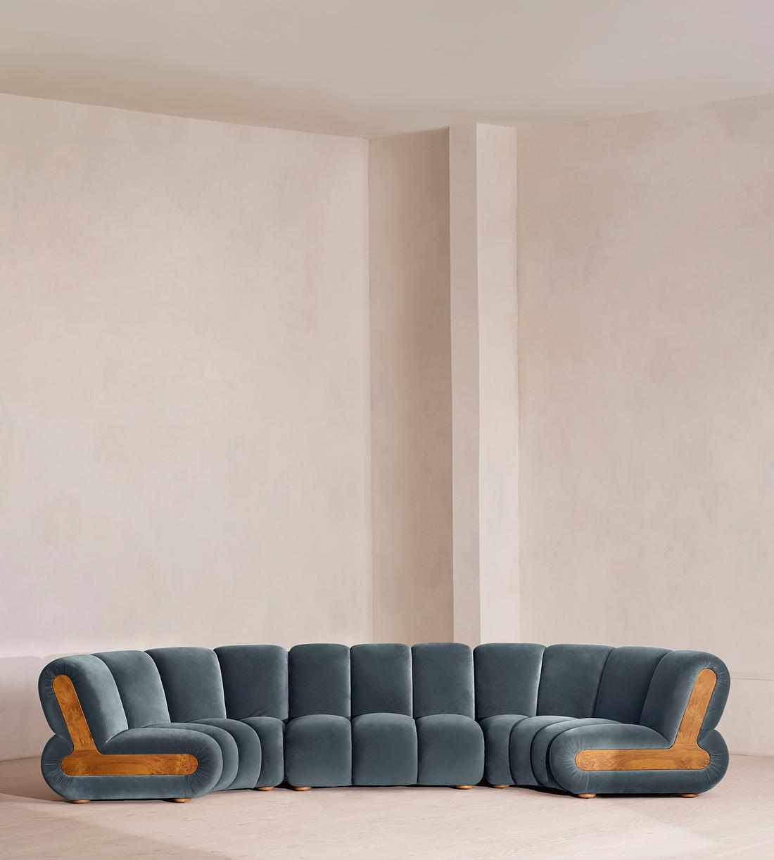 Noelle Sectional Curved Sofa - Six Seater - Velvet Grey Blue - US - Listing - Image 2
