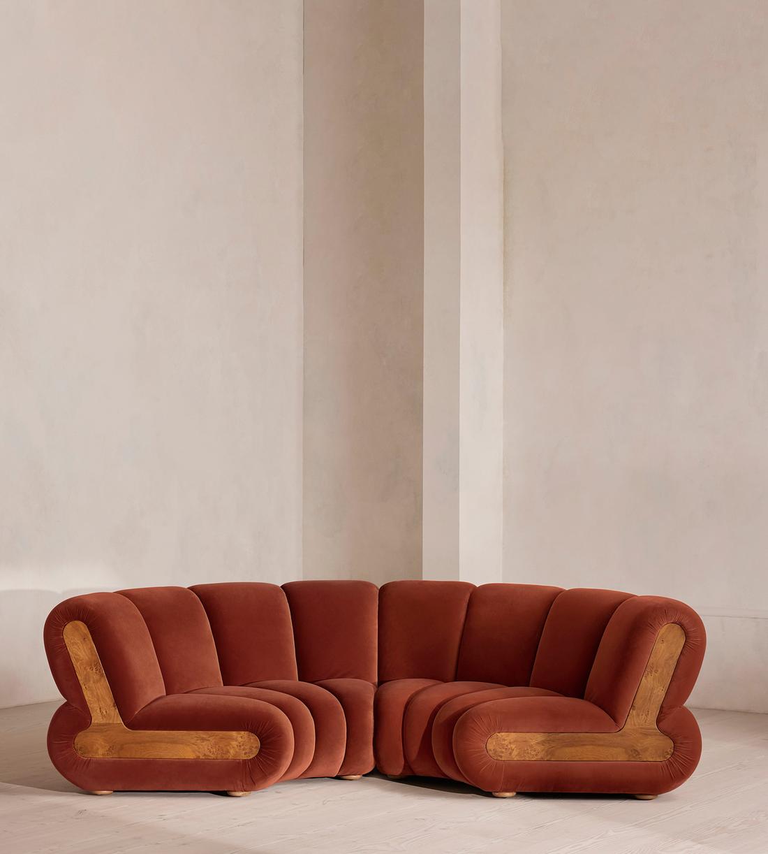 Noelle Sectional Curved Sofa - Four Seater - Velvet - Rust - US - Listing - Image 1