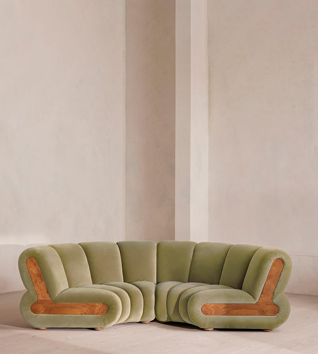 Noelle Sectional Curved Sofa - Four Seater - Velvet - Lichen - US - Listing - Image 1