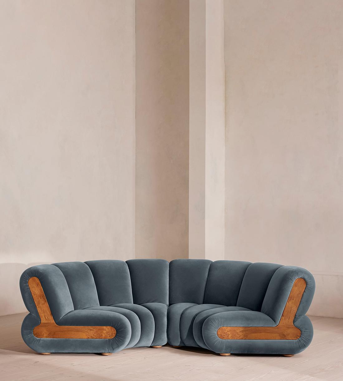 Noelle Sectional Curved Sofa - Four Seater - Velvet - Grey Blue - US - Listing - Image 1