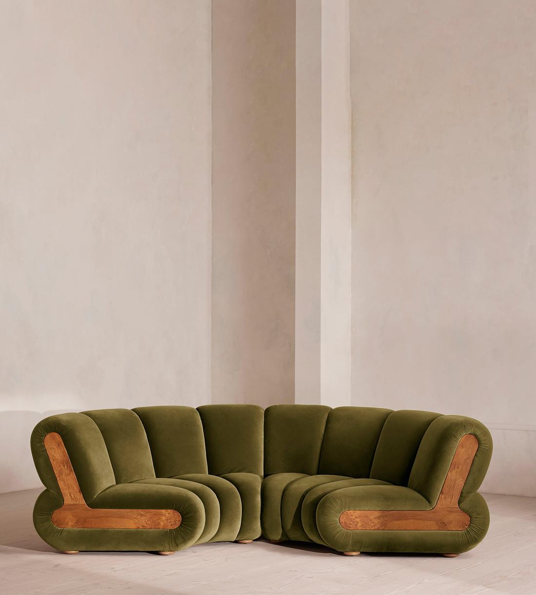 Noelle Modular Curved Sofa - Four Seater - Velvet - Olive - Listing - Image 1