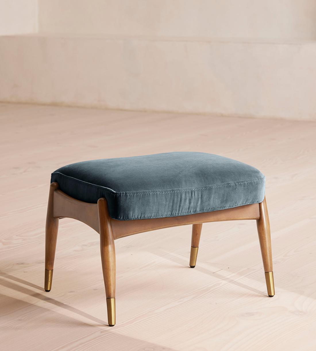 Theodore Oak Footstool - Velvet - Grey Blue - Listing - Image 1
