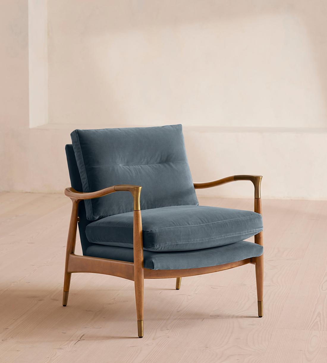 Theodore Oak Armchair - Velvet - Grey Blue - Listing - Image 1