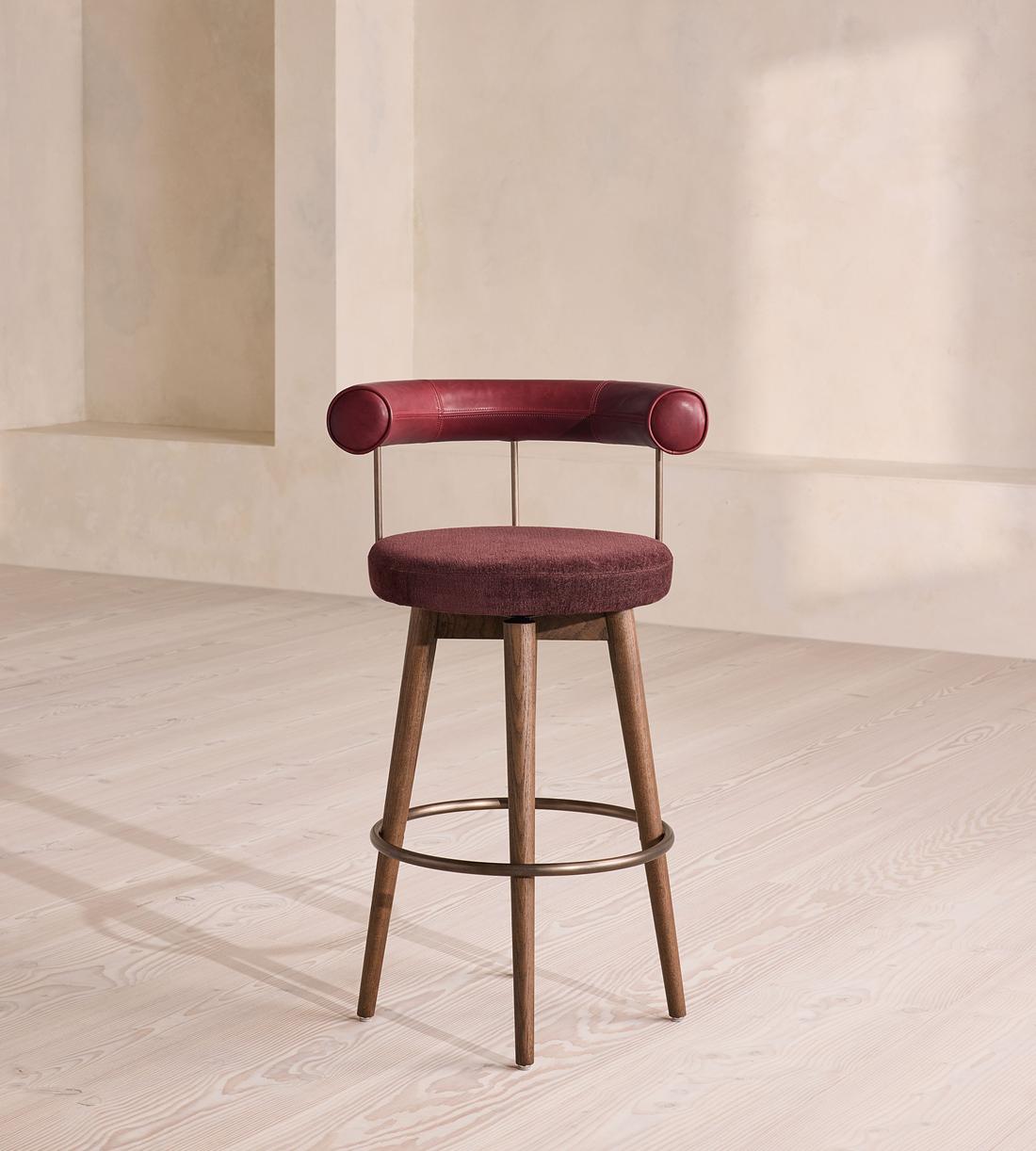 Calvert Barstool - Sangria Leather & Bordeaux Linen Chenille - UK - Listing - Image 2