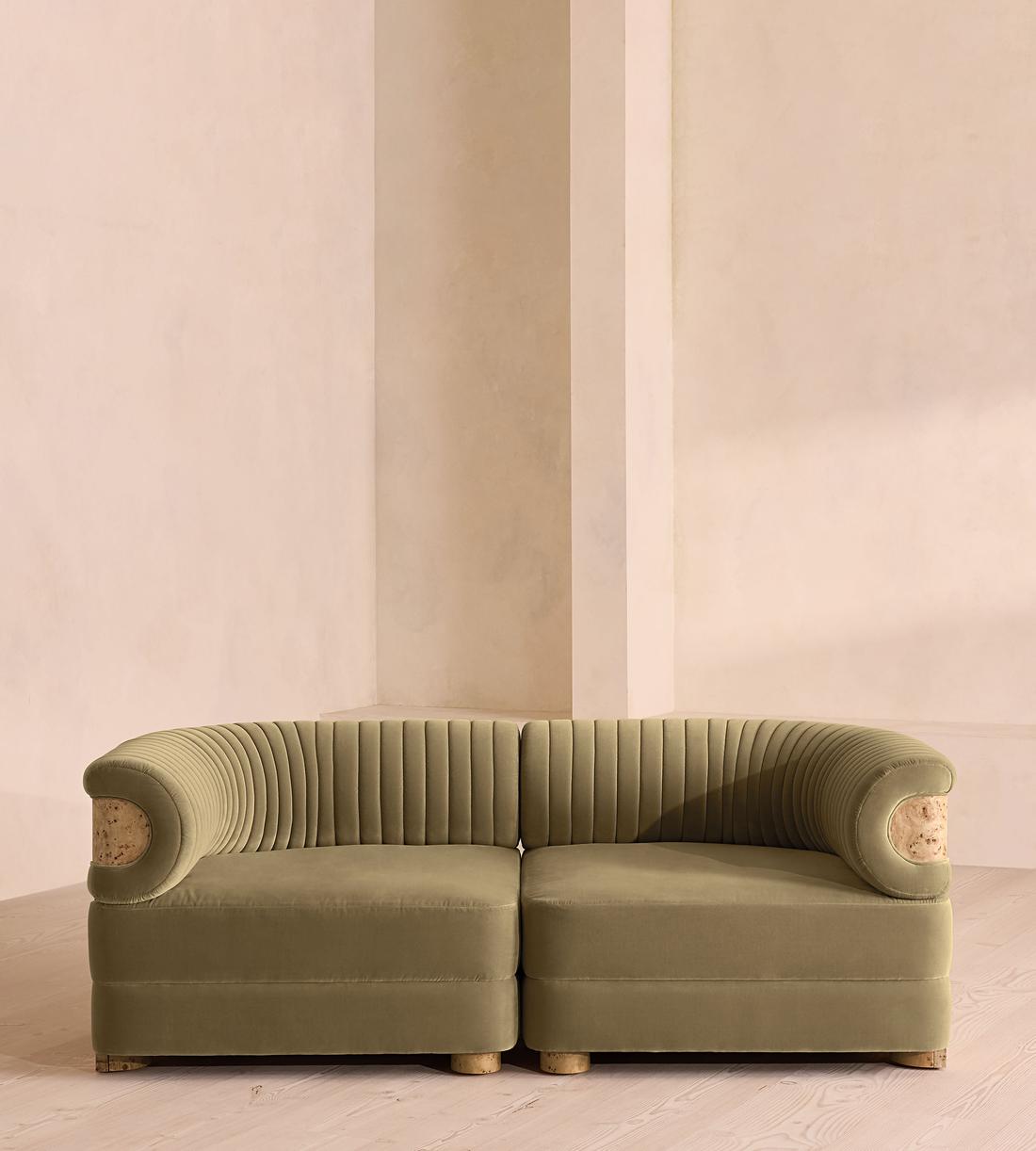 Caleb Sectional Three Seater Sofa - Velvet - Lichen - Blonde Burl - US - Listing - Image 1