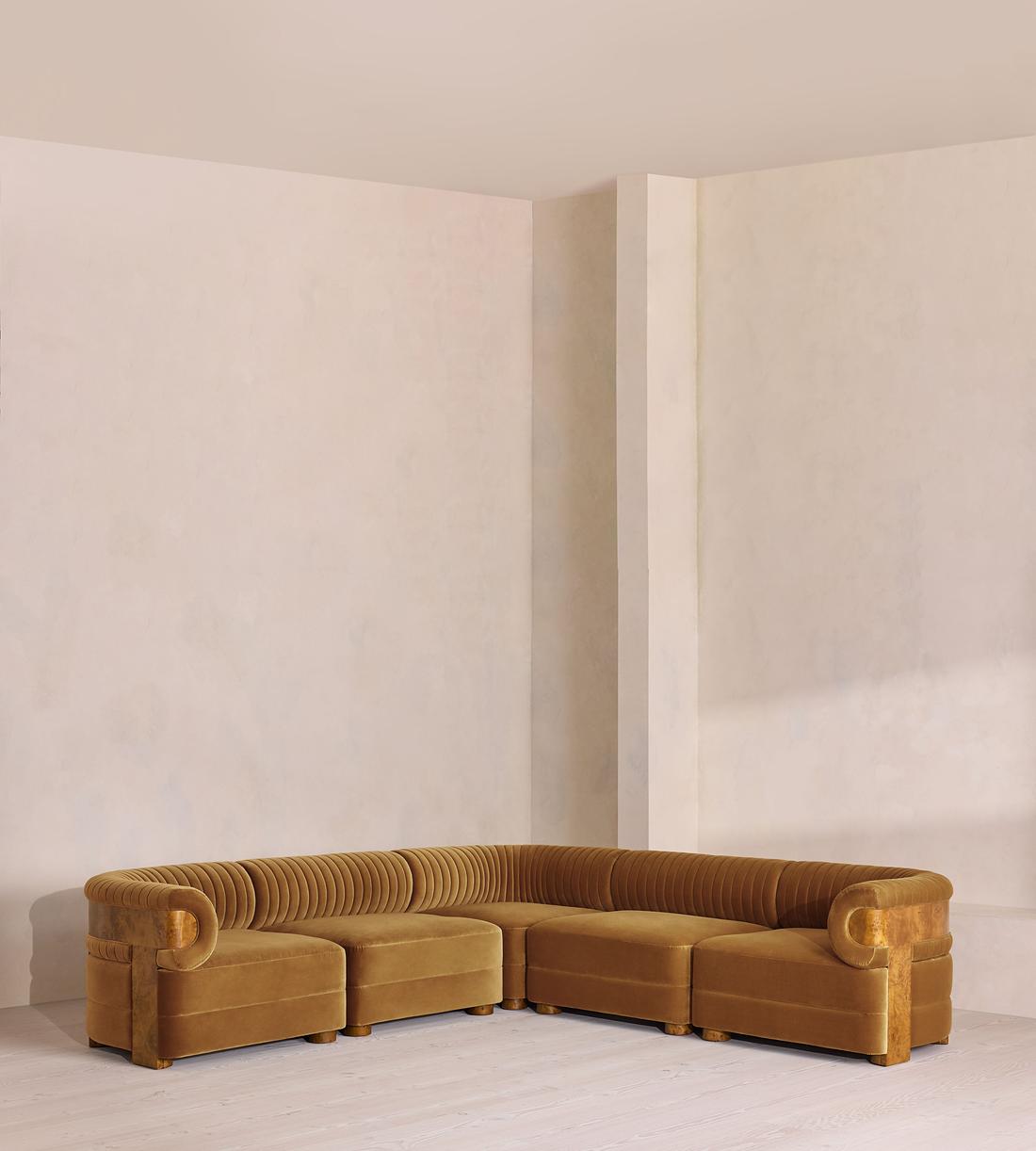 Caleb Modular Corner Sofa - Velvet - Mustard - Dark Burl - UK - Listing - Image 1