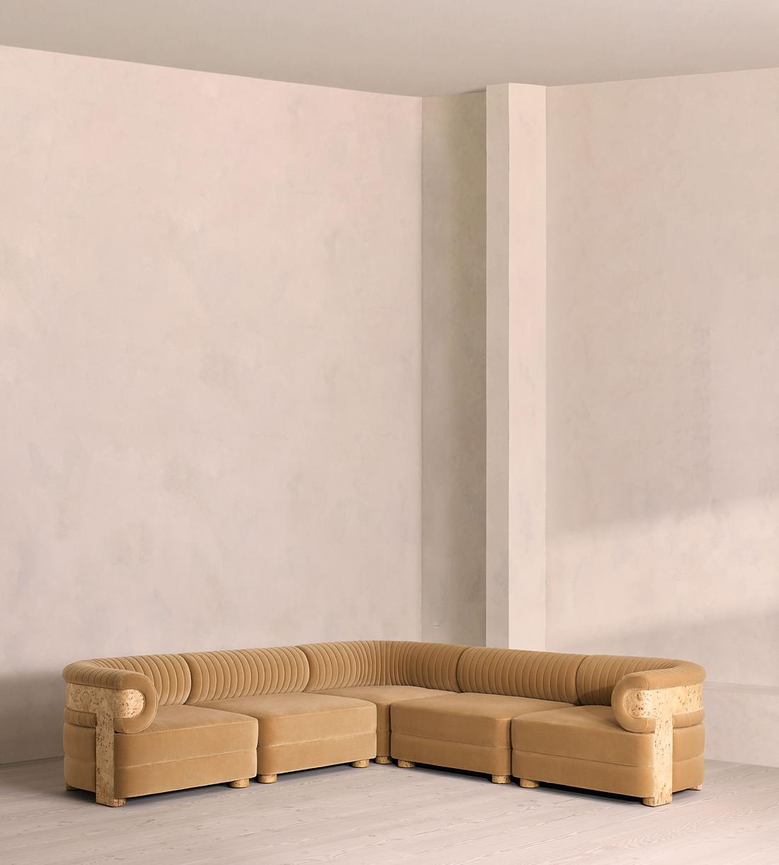 Caleb Modular Corner Sofa - Velvet - Camel - Blonde Burl - UK - Listing - Image 1